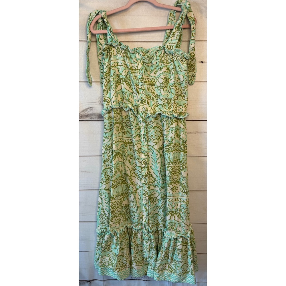 Elizabeth and James White Label Green Paisley Linen Blend Smocked Midi Dress L